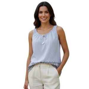 Eddie Bauer Medium Blue White Stripe Tank Top Blouse Lightweight Cotton Coastal